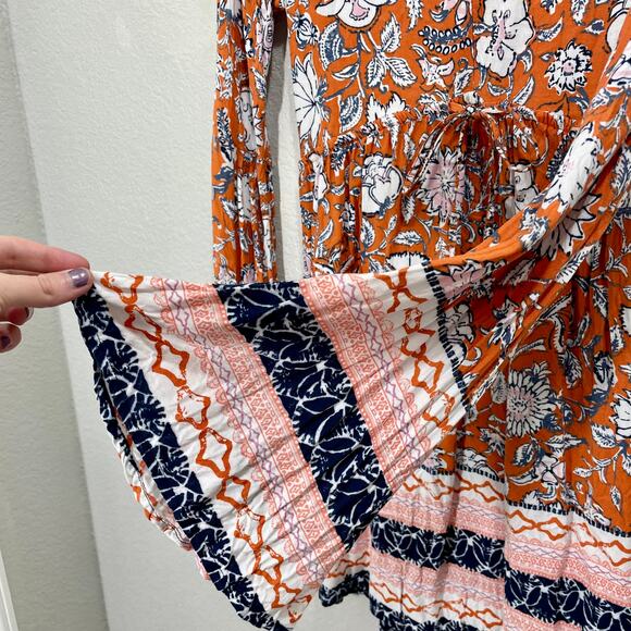 Abercrombie & Fitch Floral V-Neck Bell Sleeve Boho Western Baby Doll Mini Dress - Picture 5 of 8